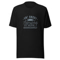 cat wearing a floral hippie hat, seated peacefully Tee front view — Wandering With Pride