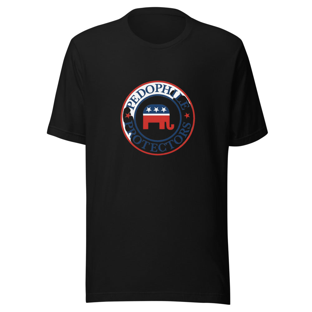 Republican elephant with 'Pedophile Protection' slogan Tee front view — Wandering With Pride