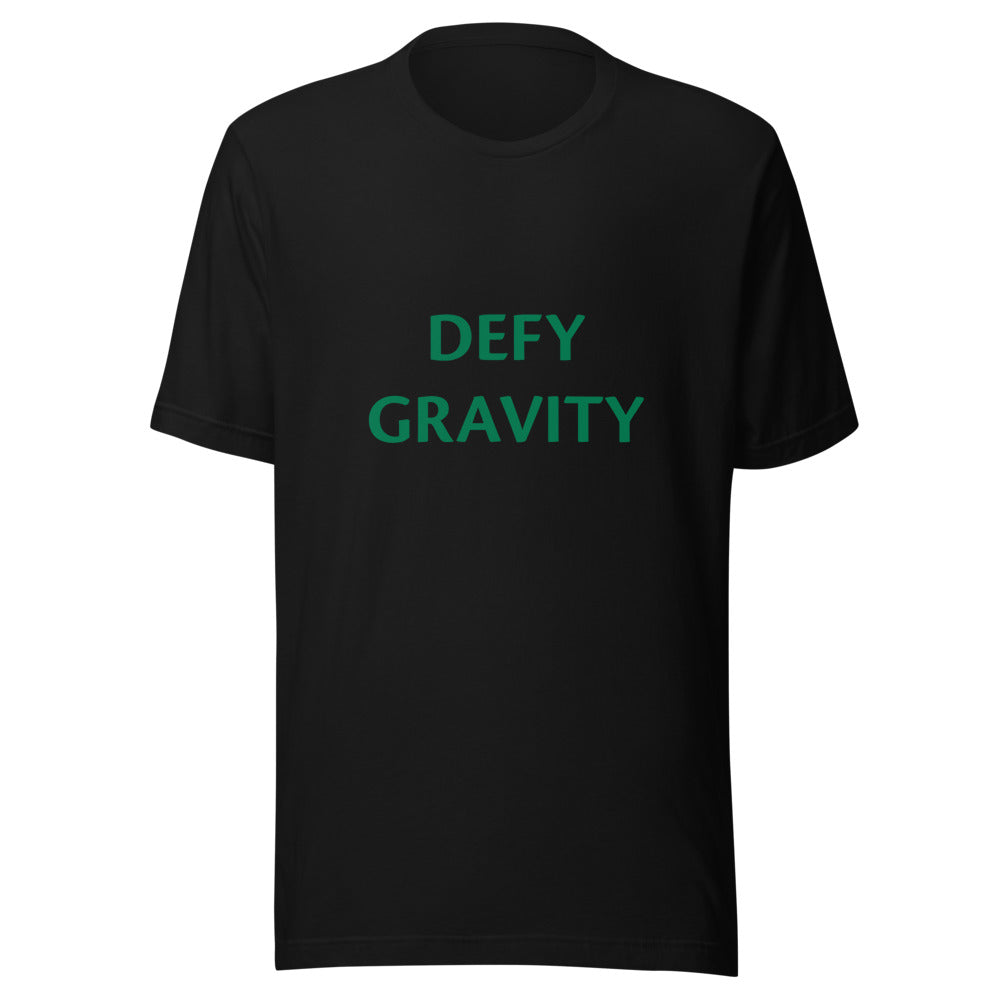 DEFY GRAVITY typography in blocky green letters on black Tee front view — Wandering With Pride