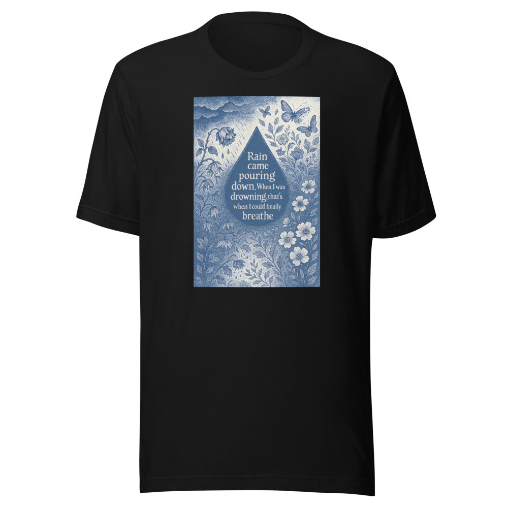 water droplet illustration with butterfly and wildflowers Tee front view — Wandering With Pride