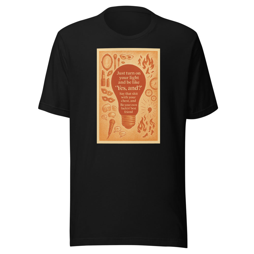 Lightbulb surrounded by symbolic objects with motivational typography Tee front view — Wandering With Pride
