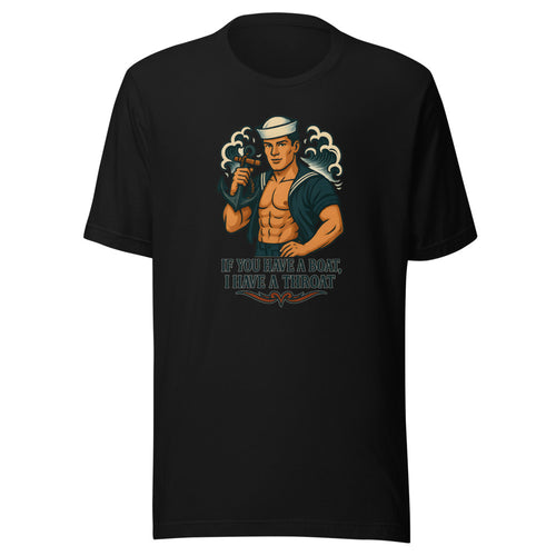 Cartoonish shirtless sailor-man with sharp-edged pointed object Tee front view — Wandering With Pride