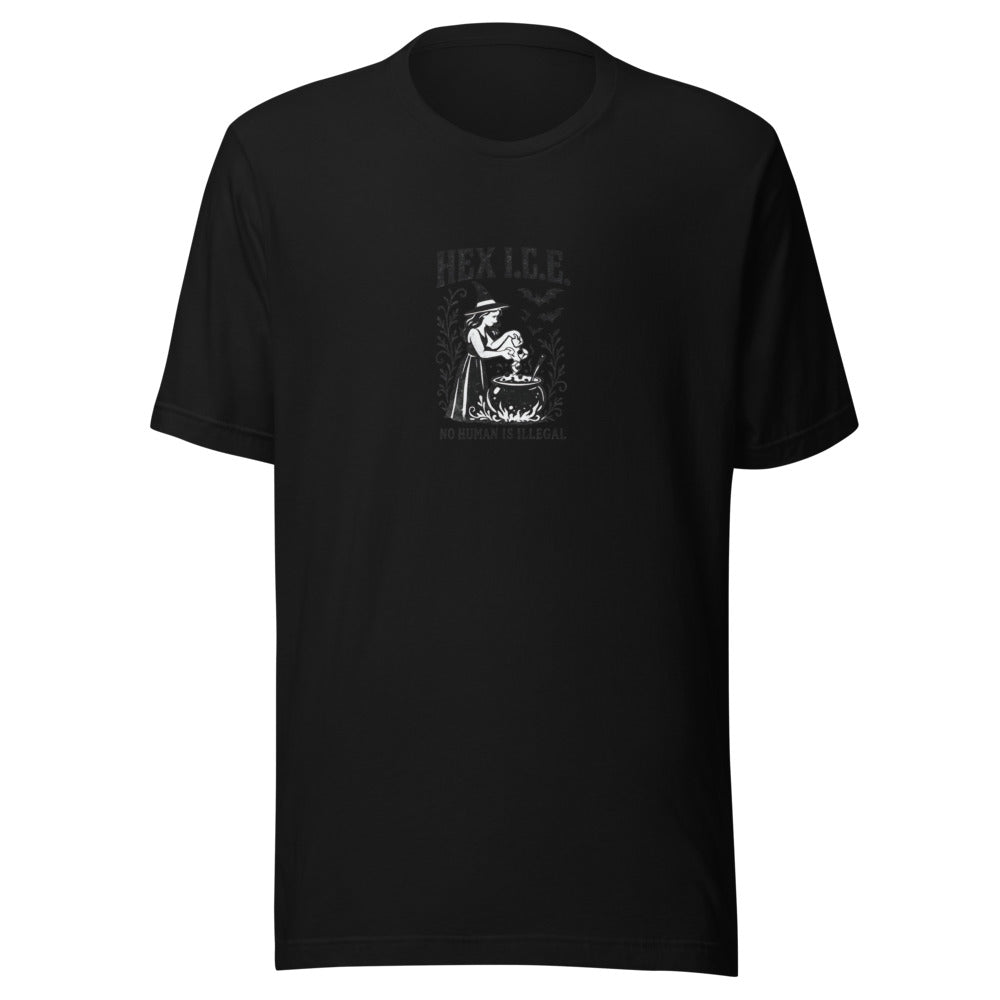 black-and-white illustration of a woman in a witch's hat surrounded by a cauldron Tee front view — Wandering With Pride