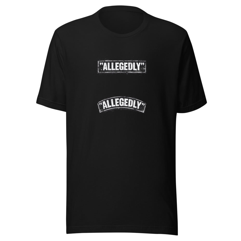 ALLEGEDLY typography in a bold, RAGS-inspired block font Tee front view — Wandering With Pride