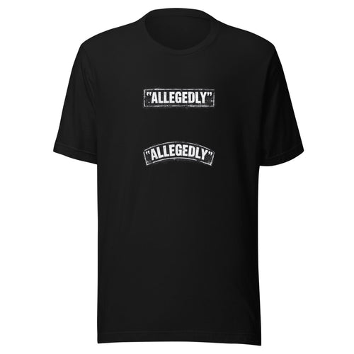 ALLEGEDLY typography in a bold, RAGS-inspired block font Tee front view — Wandering With Pride