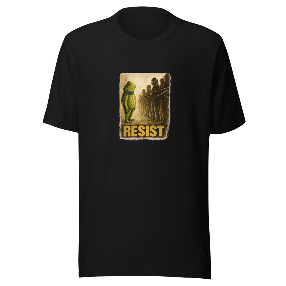 anthropomorphic green frog wearing a blue bandana, standing on a rock with 'RESIST' text below Tee front view — Wandering With Pride