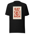 EAT THE RICH typography with fork as E and apple as R Tee front view — Wandering With Pride