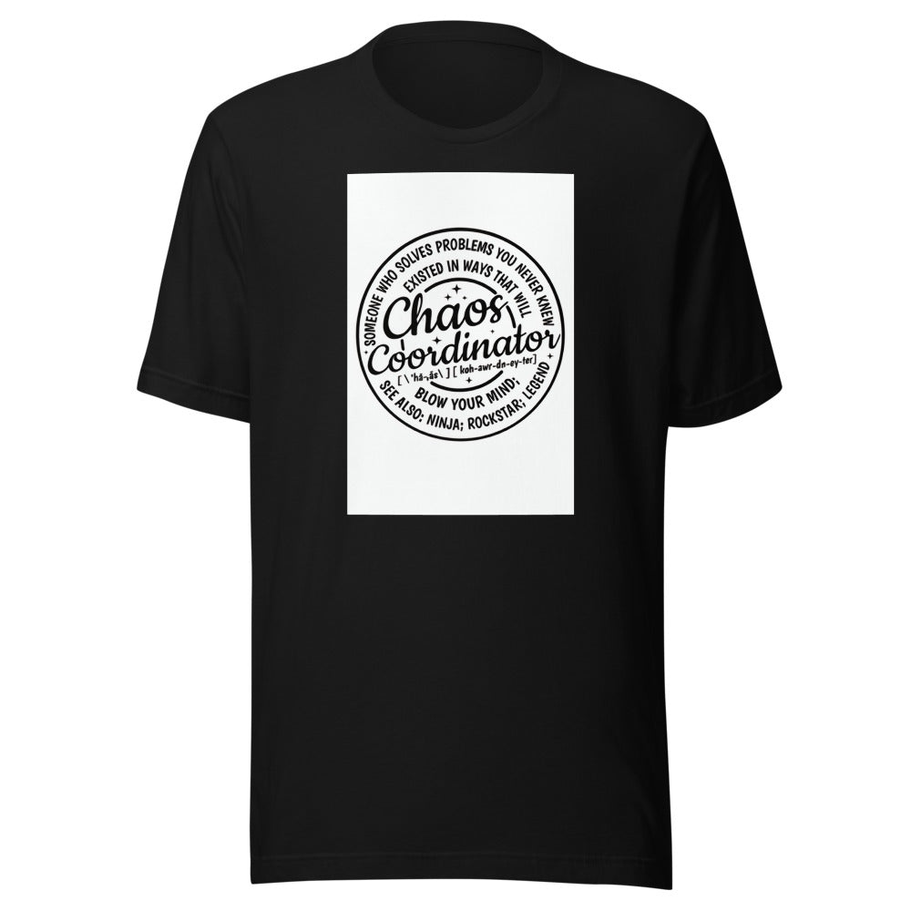 Typographic circular design with text: 'Someone who solves problems you never knew existed in ways that will blow your mind; see also: ninja; rockstar; legend' Tee front view — Wandering With Pride