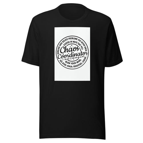 Circular typography design with 'Chaos Coordinator' in cursive, surrounded by star-like shapes Tee front view — Wandering With Pride