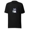 cartoon raccoon wearing sunglasses and holding a coffee cup with 'First of all, I'm a delight' typography Tee front view — Wandering With Pride
