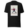Illustration of a man in red polo and blue shorts throwing a hot dog joyfully Tee front view — Wandering With Pride