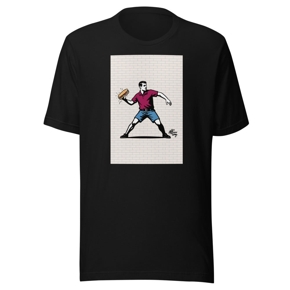 Illustration of a man in red polo and blue shorts throwing a hot dog joyfully Tee front view — Wandering With Pride
