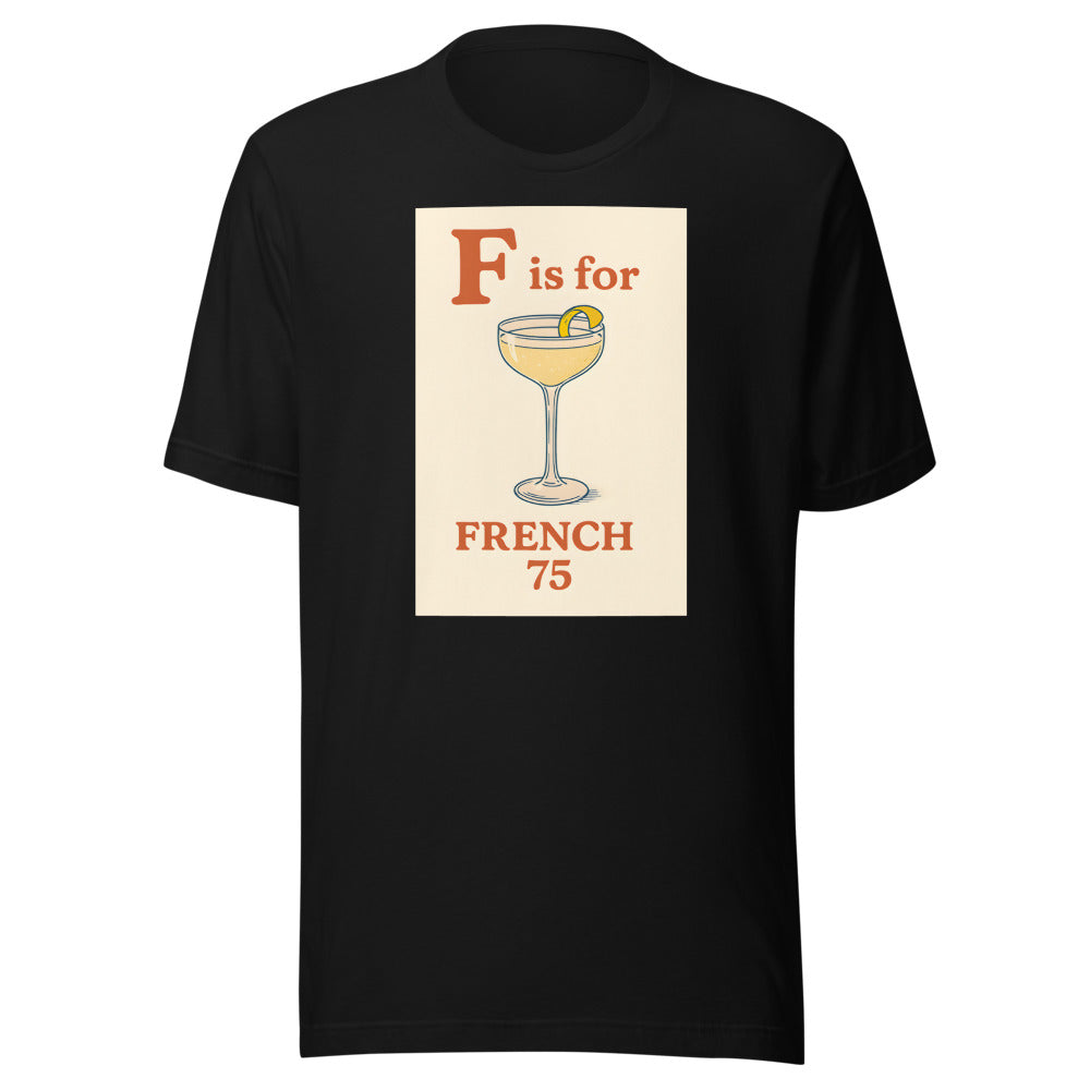 French 75 cocktail glass illustration with 'F' text Tee front view — Wandering With Pride