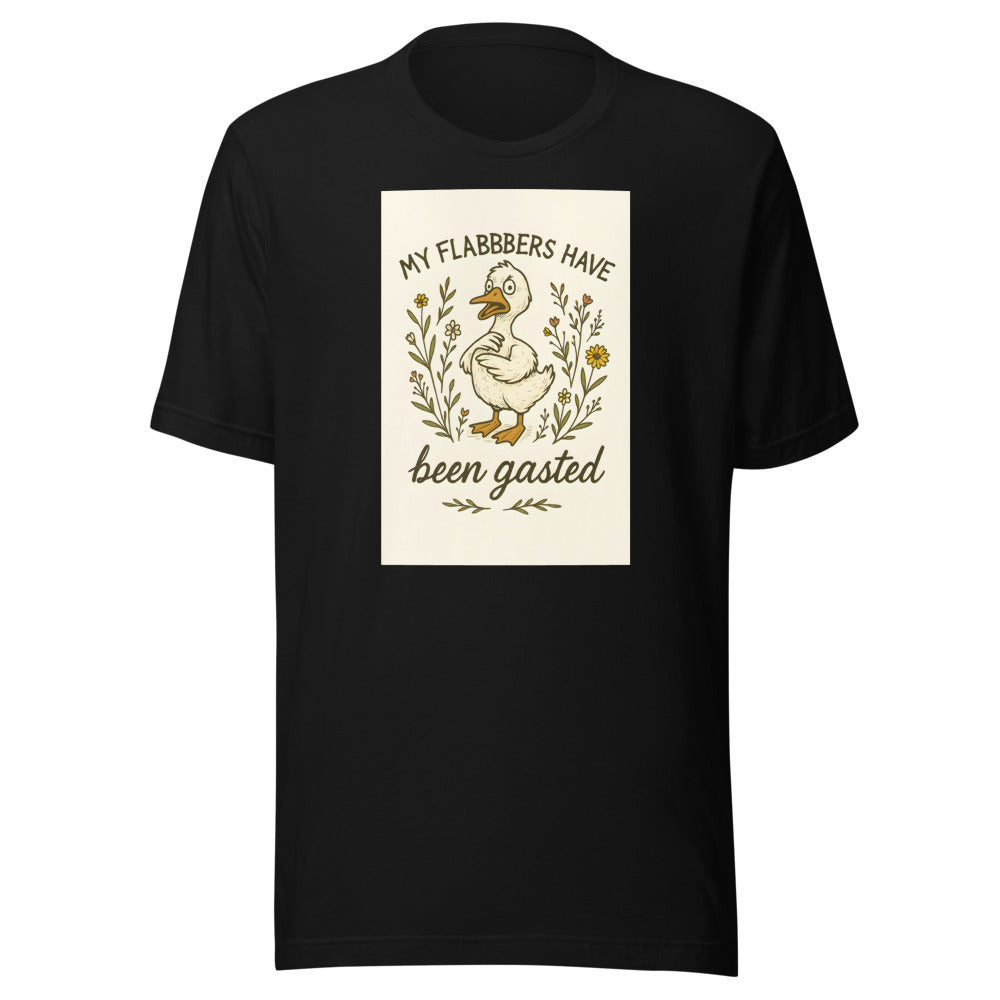 cartoon duck with surprised expression surrounded by flowers and leaves, text 'My flabber's been gasted' Tee front view — Wandering With Pride