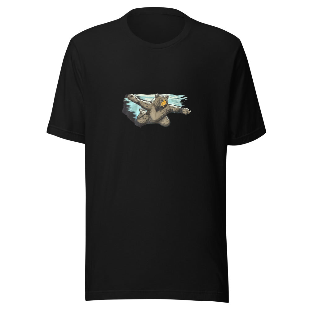 Black bear illustration with circular sunburst chest design Tee front view — Wandering With Pride