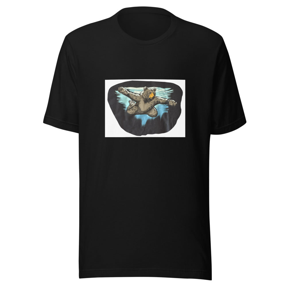 bear illustration in mid-air flight pose Tee front view — Wandering With Pride