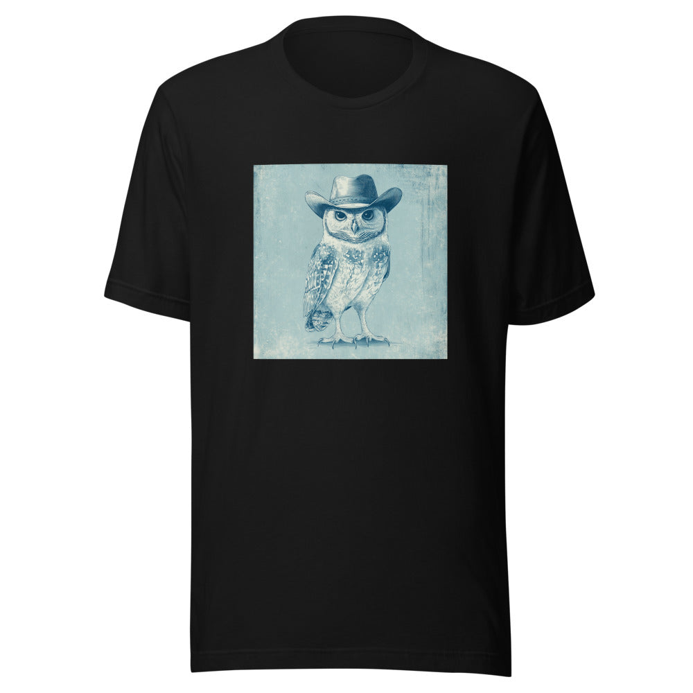 owl wearing a cowboy hat illustration Tee front view — Wandering With Pride