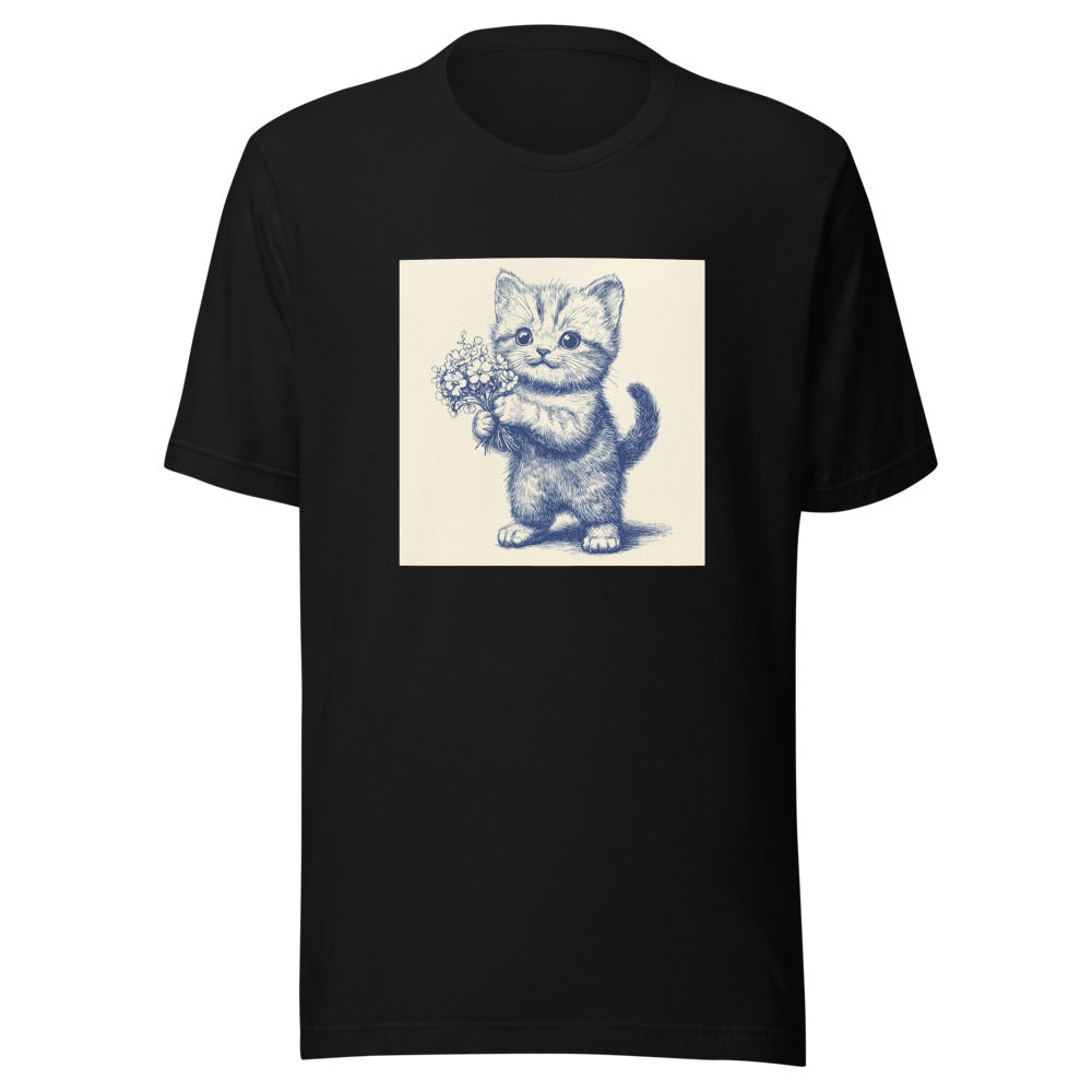 kitten holding a bouquet of flowers illustration Tee front view — Wandering With Pride
