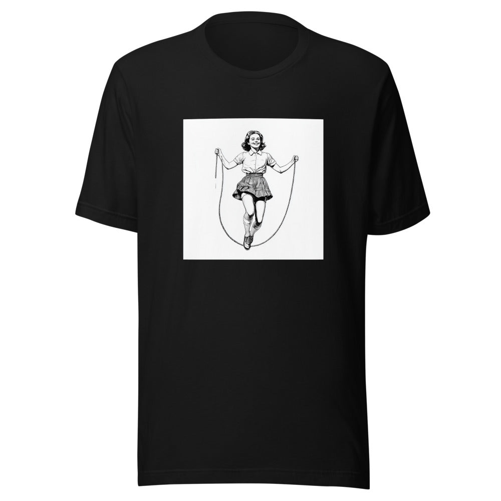 black-and-white illustration of a girl jumping rope Tee front view — Wandering With Pride