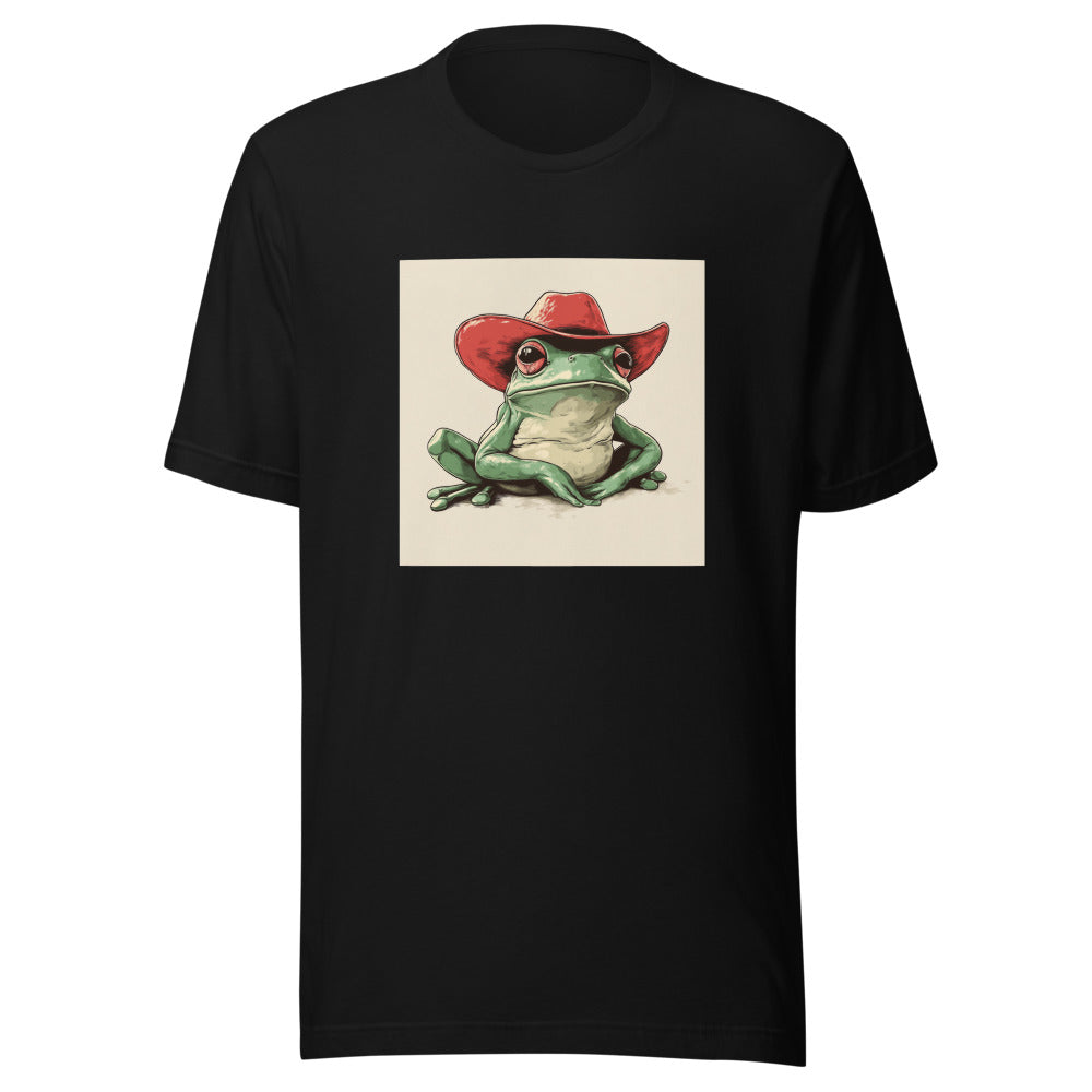 frog wearing a cowboy hat illustration Tee front view — Wandering With Pride