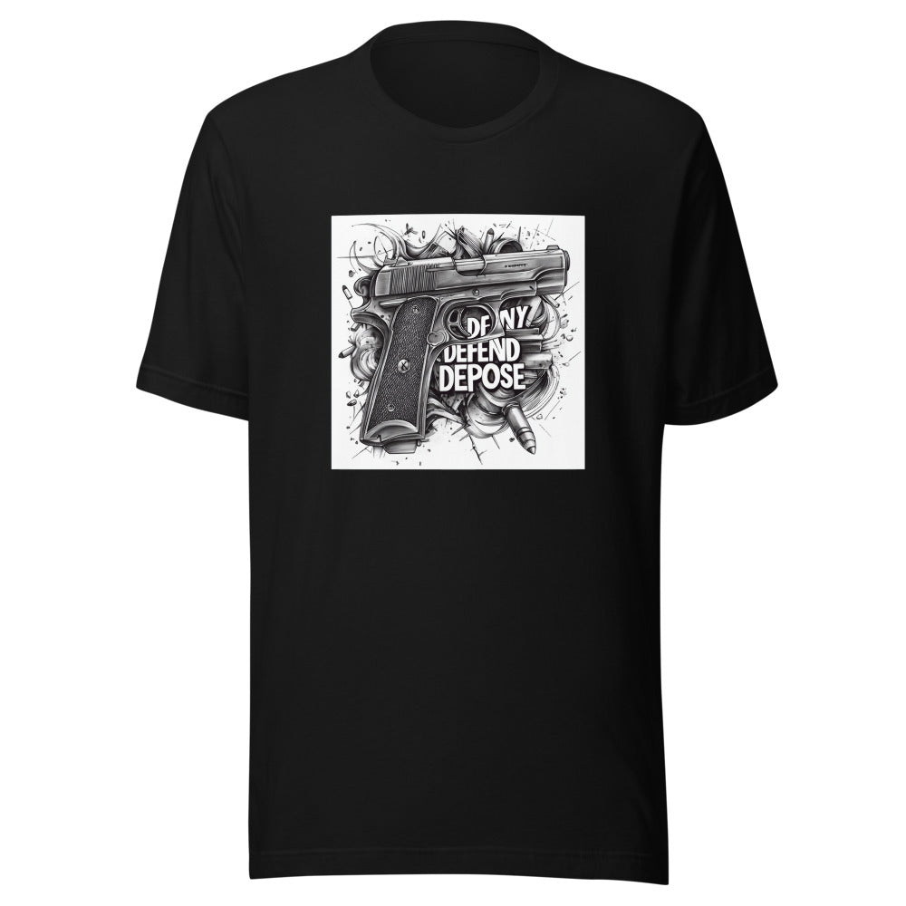 hand-drawn handgun with 'DEFEND NY DEPOSE' slogan Tee front view — Wandering With Pride