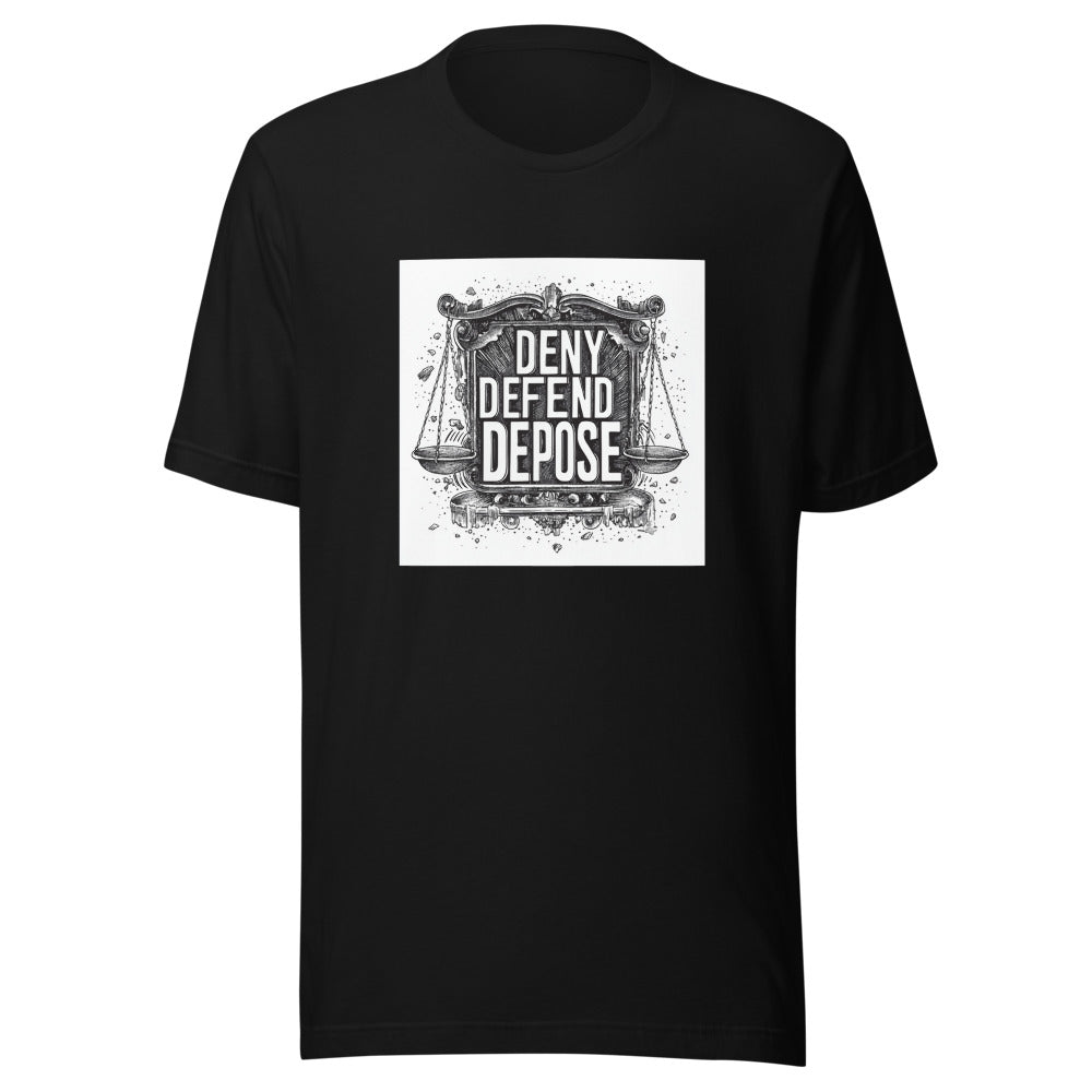 scale with sword and book illustration with 'DENY DEFEND DEPOSE' text Tee front view — Wandering With Pride
