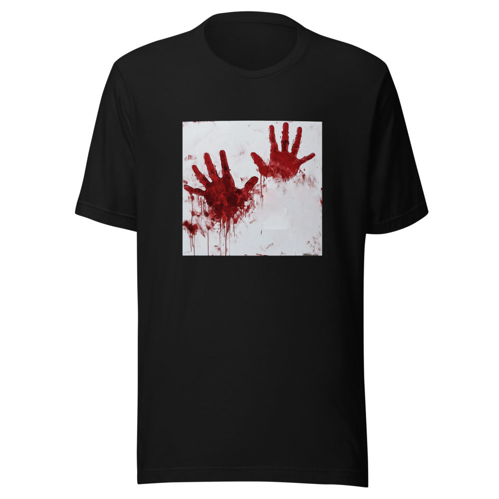 blood-stained handprint illustration Tee front view — Wandering With Pride