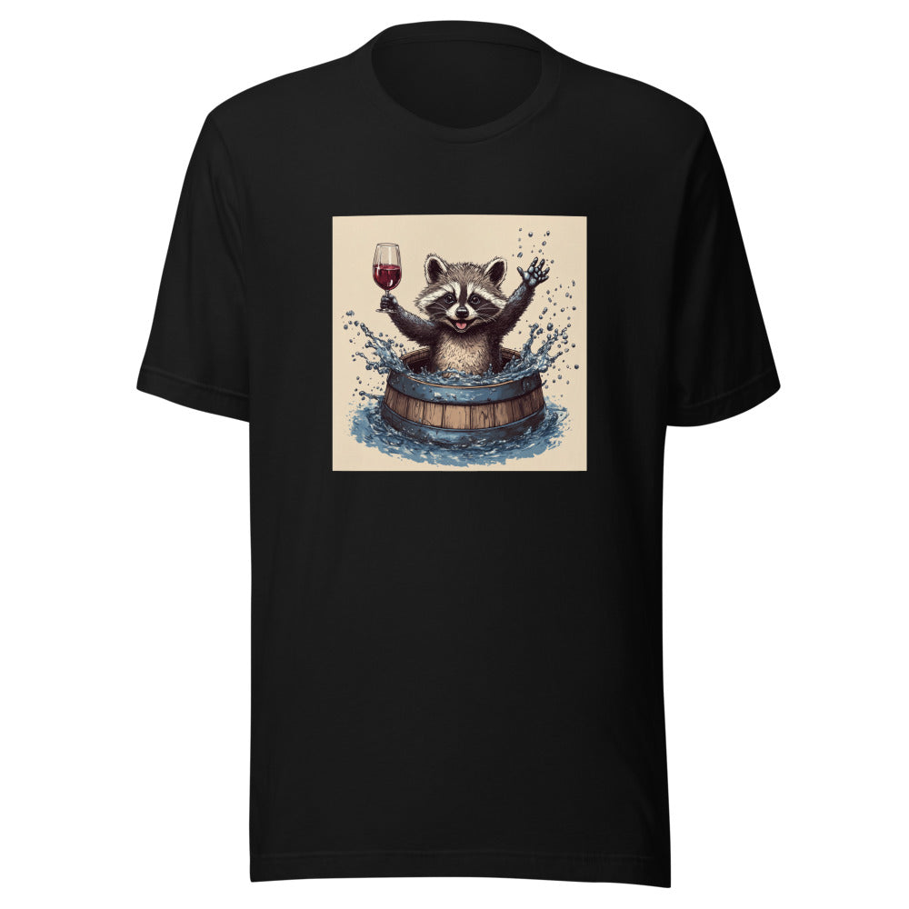 raccoon emerging from barrel with wine glass illustration Tee front view — Wandering With Pride