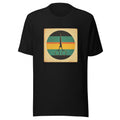 scissors inside a circle with horizontal stripe background Tee front view — Wandering With Pride