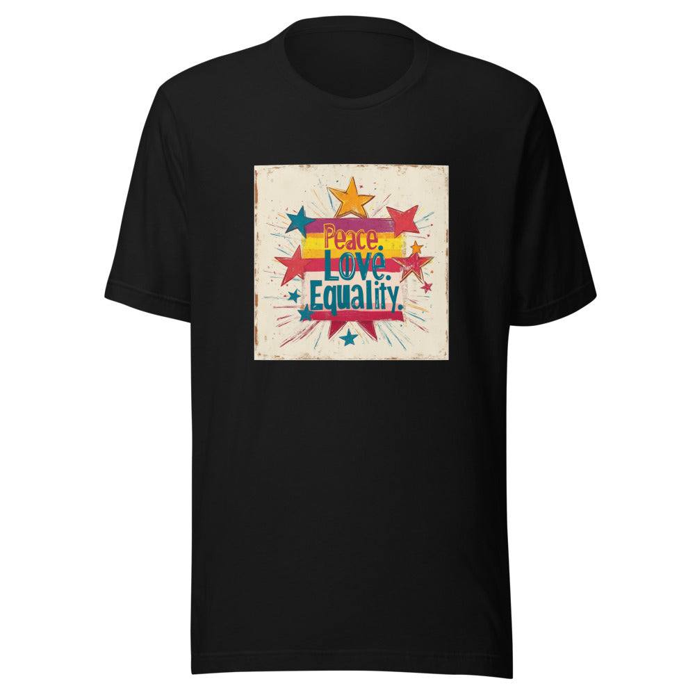 Peace. Love. Equality. illustration with peace sign, rainbow, and star Tee front view — Wandering With Pride