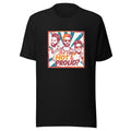 three queer men with diverse hairstyles and facial hair, illustrated in bold lines and vibrant colors Tee front view — Wandering With Pride