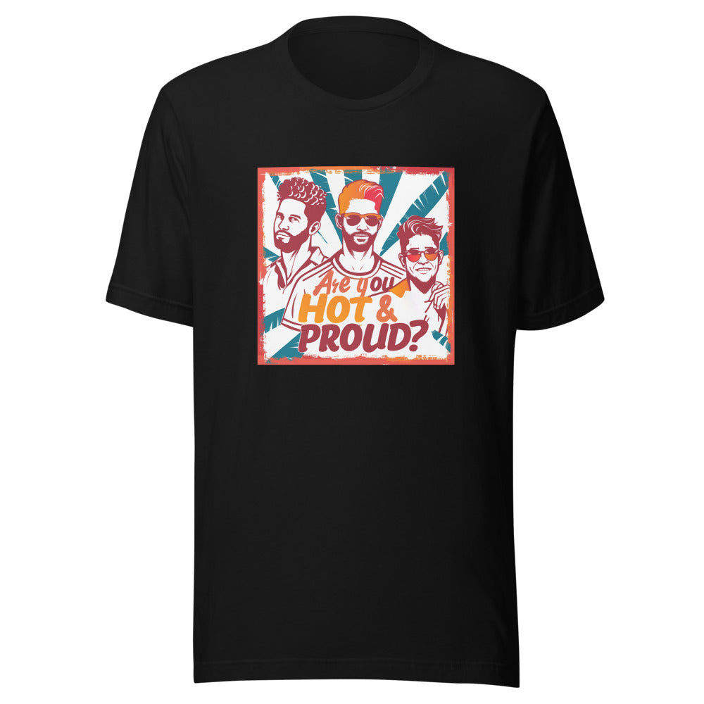 three queer men with diverse hairstyles and facial hair, illustrated in bold lines and vibrant colors Tee front view — Wandering With Pride