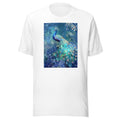 vibrant peacock illustration with glowing eyes and iridescent feathers Tee front view — Wandering With Pride