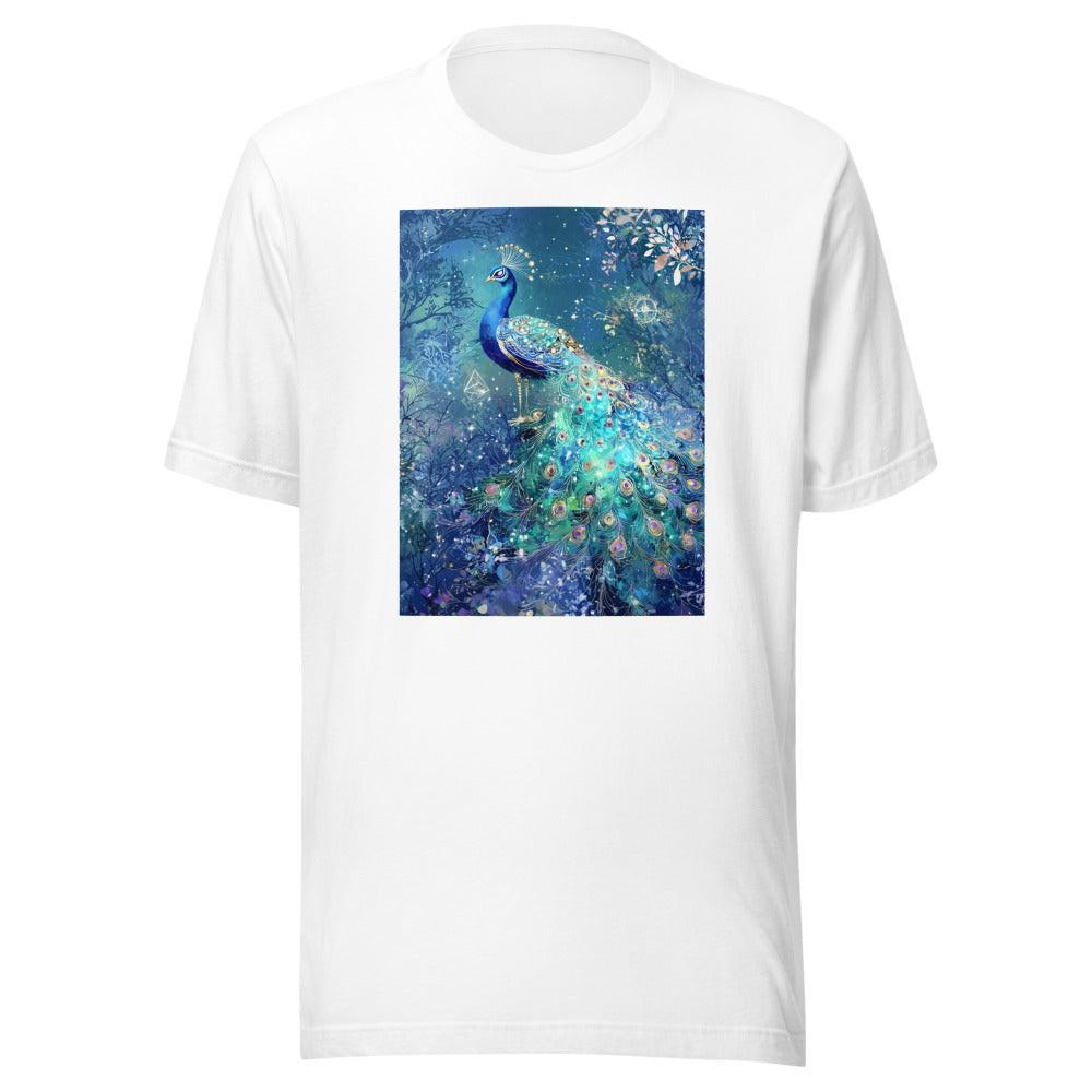 vibrant peacock illustration with glowing eyes and iridescent feathers Tee front view — Wandering With Pride