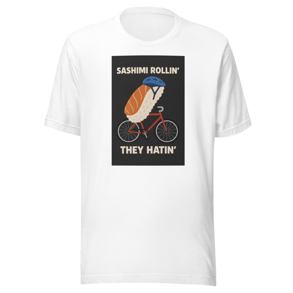 Anime-style sashimi roll on a red bicycle wearing a blue helmet Tee front view — Wandering With Pride