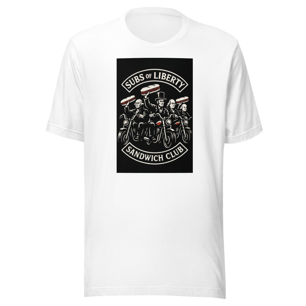 Three retro-styled men on motorcycles holding sandwiches, surrounded by 'SUBS OF LIBERTY' and 'SANDWICH CLUB' text Tee front view — Wandering With Pride