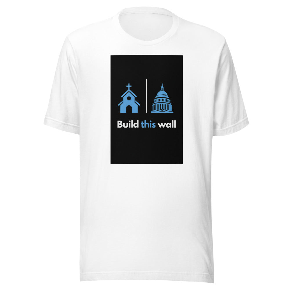 Satirical illustration of White House and Capitol Building with 'Build this wall' text Tee front view — Wandering With Pride
