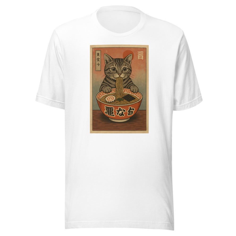 Cat enjoying noodles in a Japanese-style bowl Tee front view — Wandering With Pride