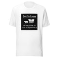 pixel art wagon with 'Get In Loser we're going to die of dysentery' typography Tee front view — Wandering With Pride