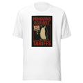 penguin holding sign saying 'Penguins Against Tariffs' with background penguin Tee front view — Wandering With Pride