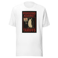 Cartoon penguin with 'NO TARIFFS' sign Tee front view — Wandering With Pride
