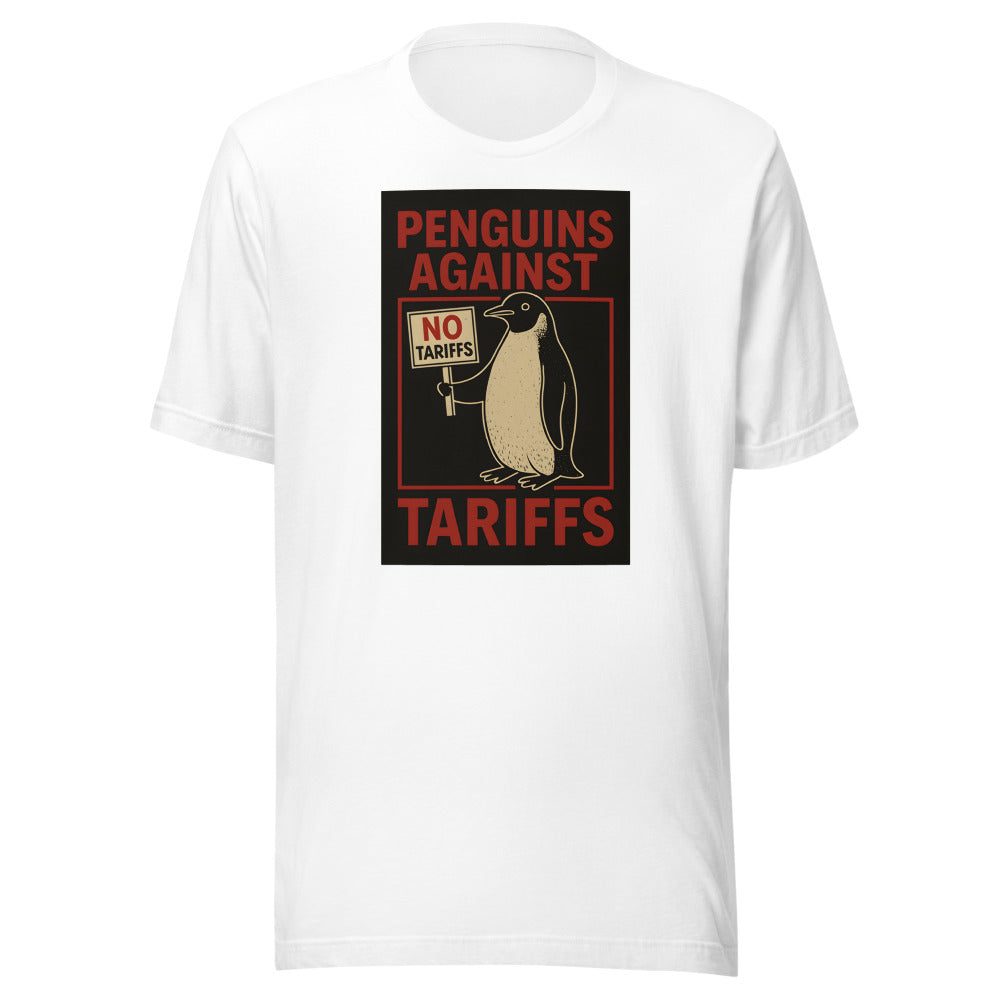 Cartoon penguin with 'NO TARIFFS' sign Tee front view — Wandering With Pride