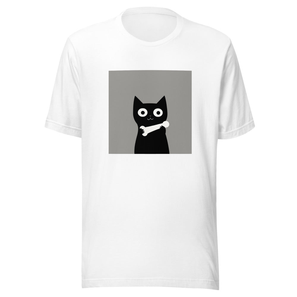 Black cat with a white bone around its neck Tee front view — Wandering With Pride