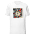 Cubist clock face with 'Demy, Defend' text and geometric shapes Tee front view — Wandering With Pride