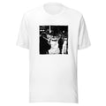 black-and-white nocturnal city street illustration with two figures walking away Tee front view — Wandering With Pride