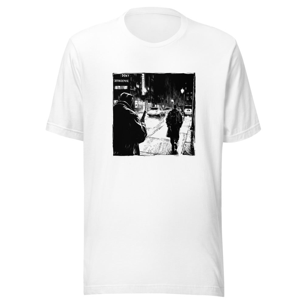 black-and-white nocturnal city street illustration with two figures walking away Tee front view — Wandering With Pride
