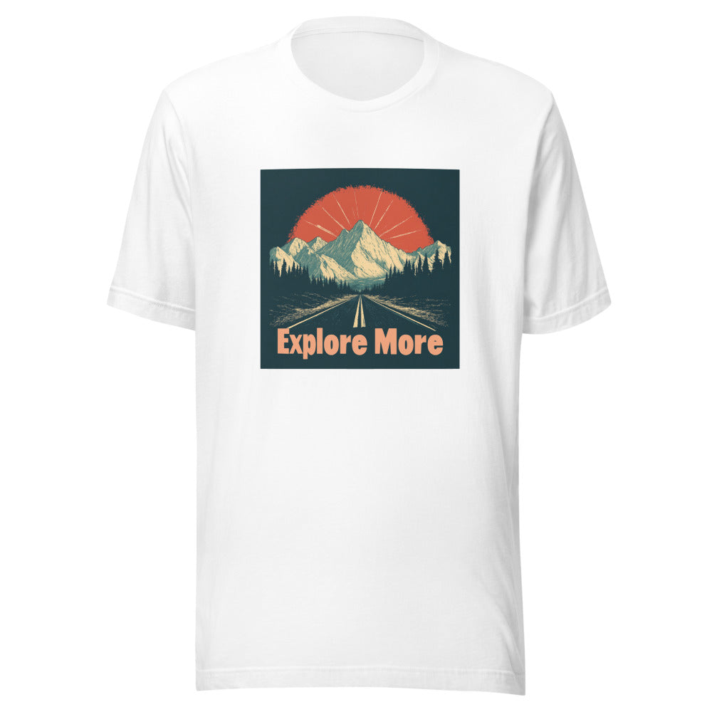 mountain range with road and sun illustration Tee front view — Wandering With Pride