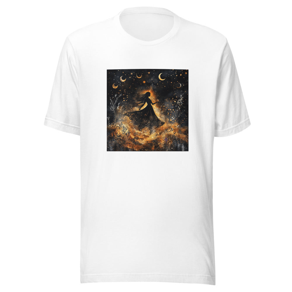 celestial woman illustration with flowing gown and cosmic elements Tee front view — Wandering With Pride