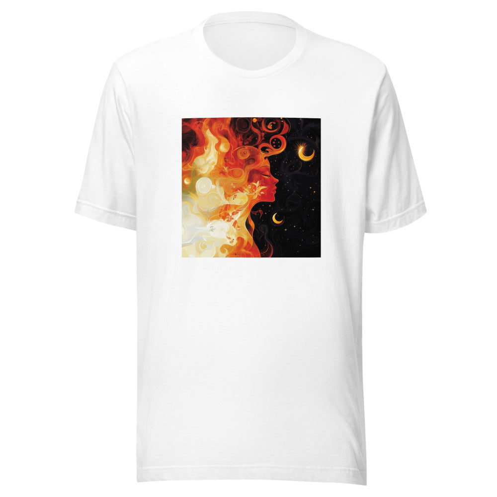 woman's profile surrounded by swirling flames and crescent moon Tee front view — Wandering With Pride