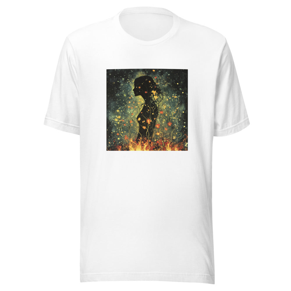 woman's profile surrounded by flames and sparks Tee front view — Wandering With Pride